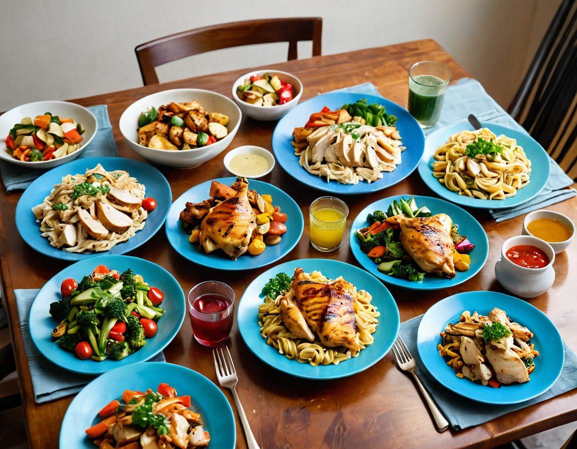 A beautifully arranged table laden with various quick and easy chicken dishes, showcasing colorful plates of grilled chicken, stir-fried chicken, and a creamy chicken pasta. Incorporate fresh herbs and vibrant vegetables to enhance the appeal, with a cozy family setting in soft lighting in the background. Capture the warmth and joy of family meals with an inviting atmosphere. super-realistic. vibrant colors. soft focus.