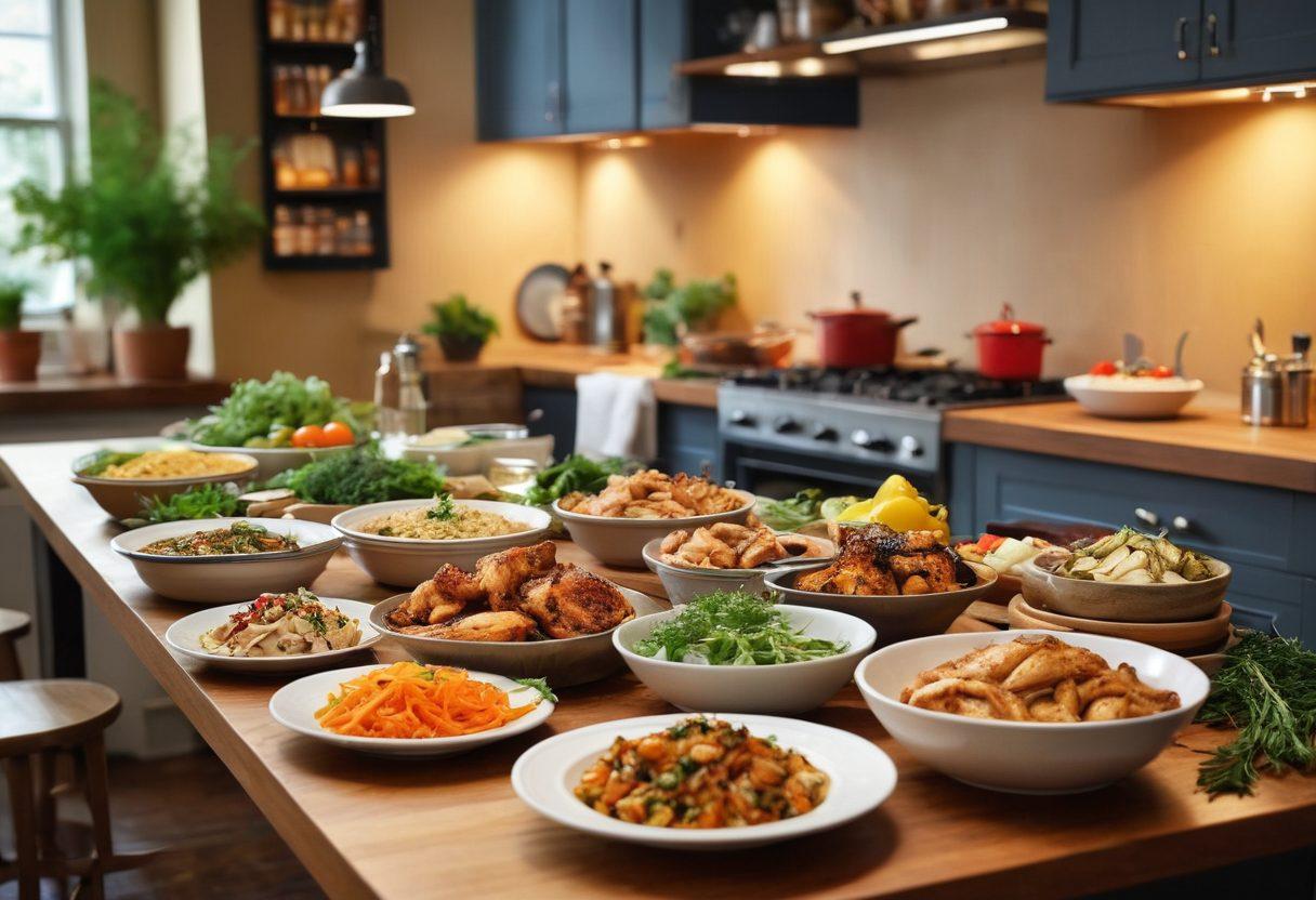 A vibrant kitchen scene featuring a diverse array of quick chicken dishes on a beautifully set dinner table, with fresh ingredients like herbs, vegetables, and spices artistically arranged around the bowls. Bright lighting and a chalkboard in the background displaying cooking tips add a cozy, inviting feel. Include a busy but joyful chef effortlessly preparing a meal, showcasing the ease of weeknight cooking. super-realistic. warm colors. inviting atmosphere.